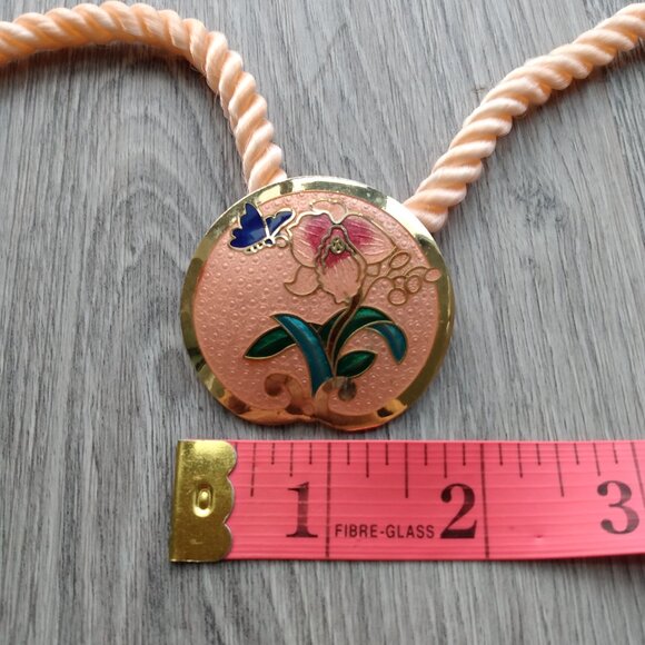 Vintage Cloisonne Rope Necklace Peach Orchid Floral Flower Butterfly Taiwan - Picture 9 of 11